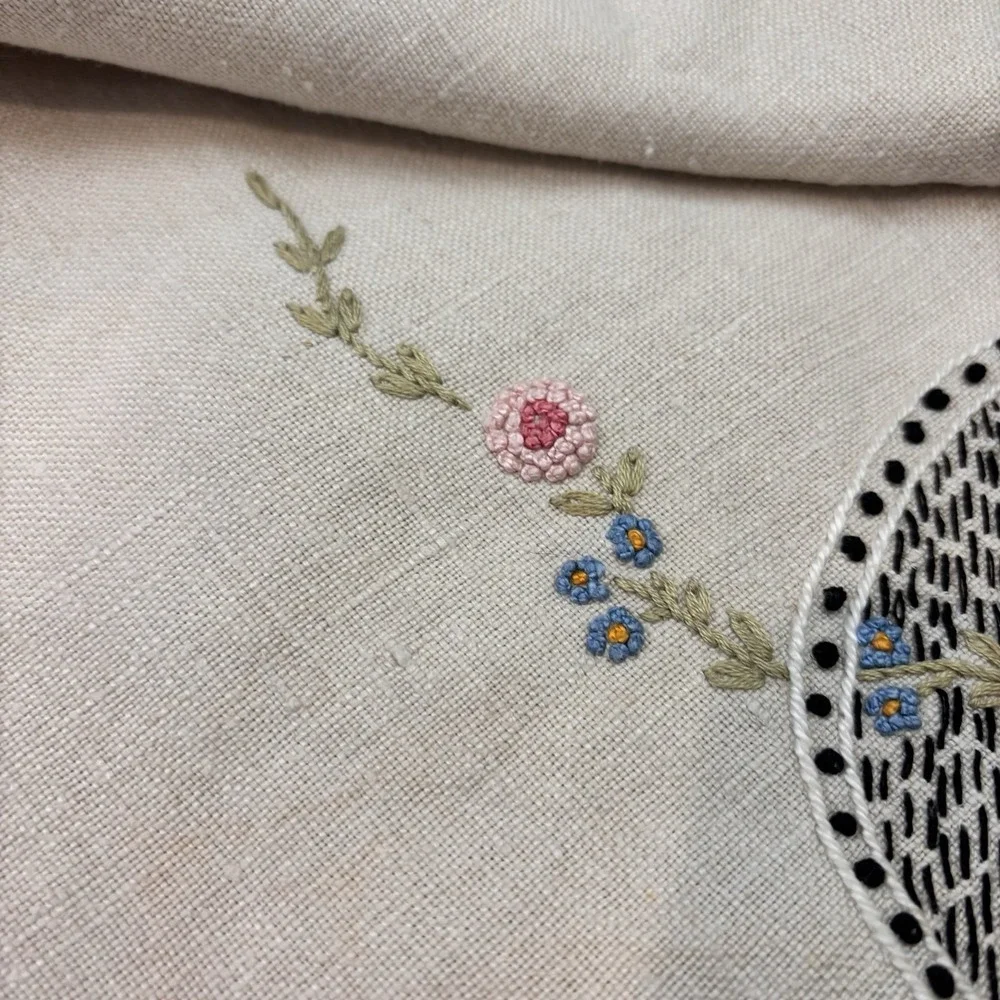 Vintage Linen Tablecloth Embroidered Flower Basket Cutwork Hemstitch 34x36‎